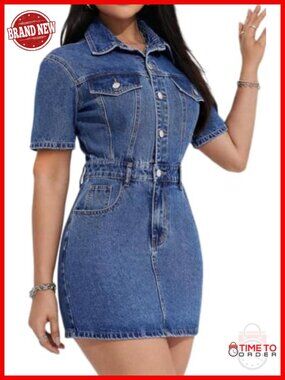 Denim Dress Short Sleeve Button Down Babydoll Jean Shift Dress